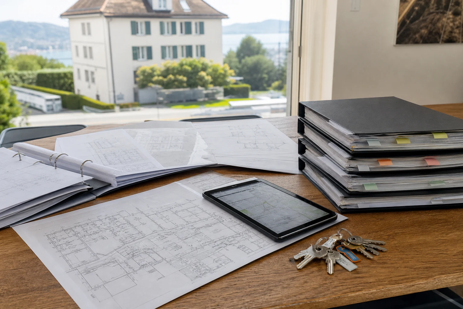 Planunterlagen und Notizen zu Leitungen auf einem Tisch