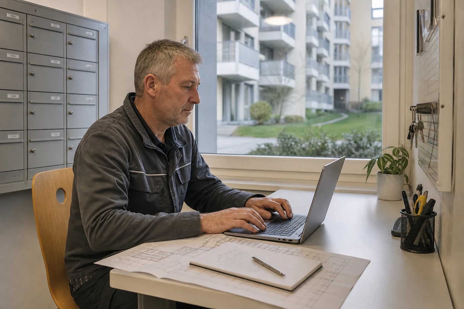Hauswart trägt wiederkehrende Beobachtungen in ein digitales Register ein