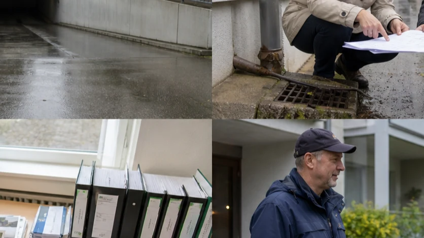 Hauswart dokumentiert mit Abstand eine nasse Garagenrampe und markiert Ort und Zeit