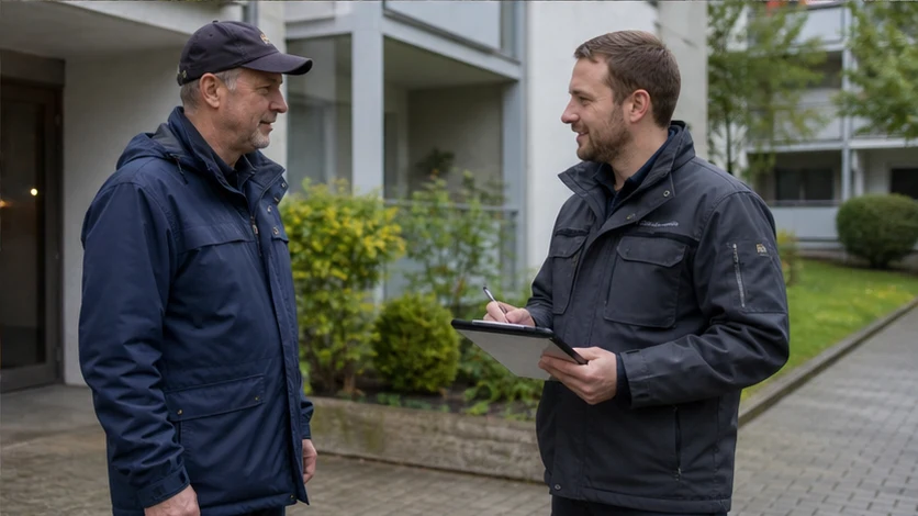 Eine Fachperson und ein Hauswart besprechen im Freien die nächsten dokumentierten Schritte