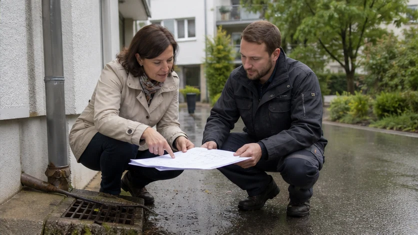 Zwei Fachpersonen sehen sich neben einer Garagenzufahrt einen Lageplan an